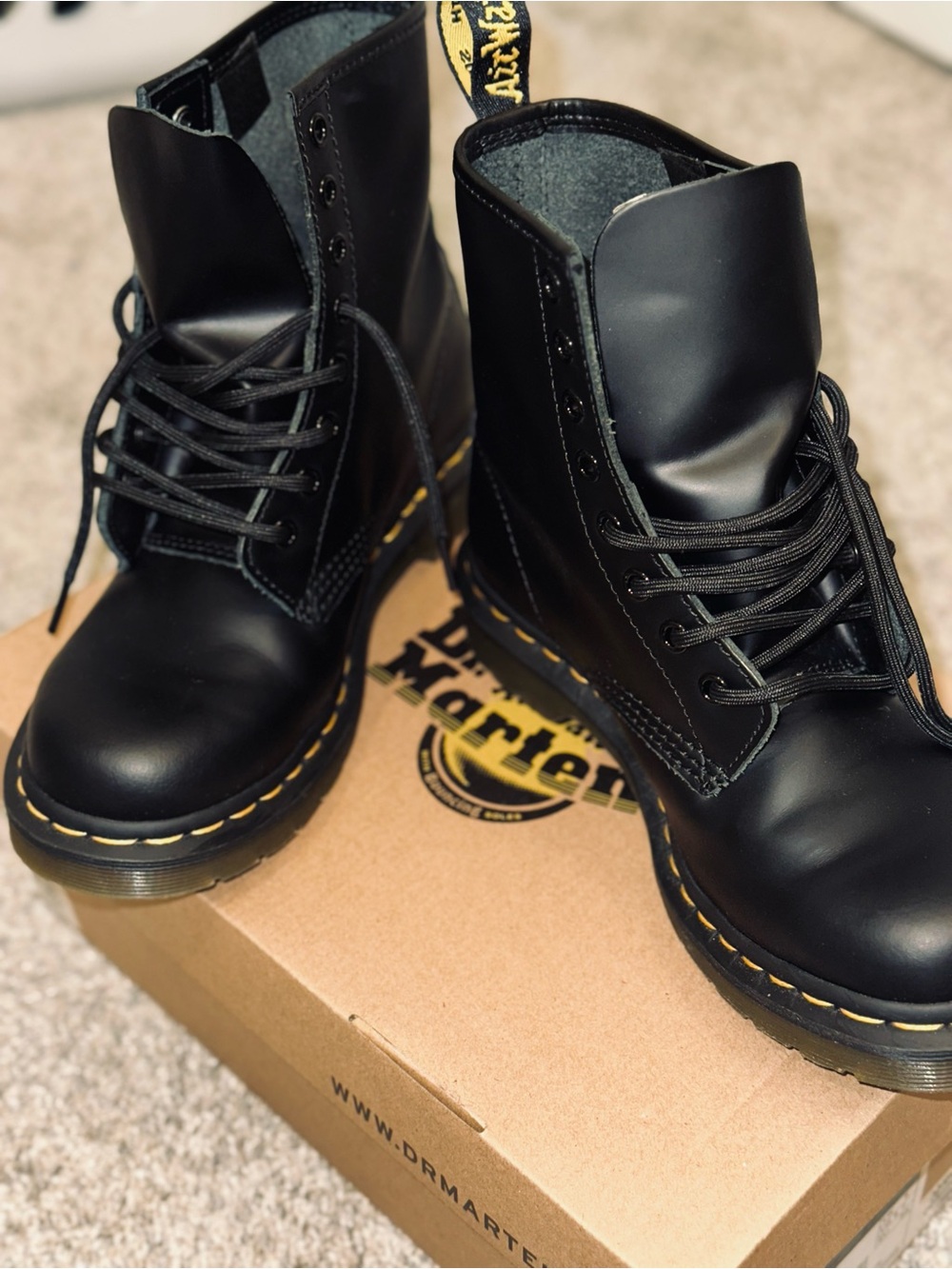 Dr. Martens Black Leather Lace-Up Boots with Yellow Stitching